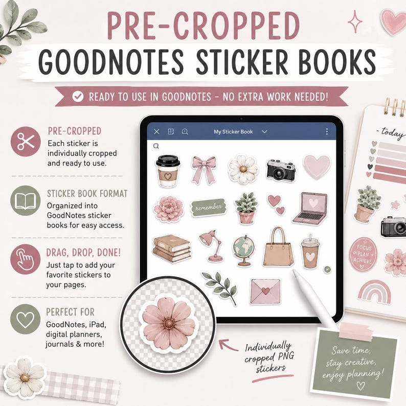 以下が含まれることがあります： GoodNotes、iPad、デジタルプランナー用のデジタルステッカーブック。画像には、コーヒーカップ、リボン、花、カメラ、ハート、ラップトップなど、さまざまな事前に切り抜かれたPNGステッカーが表示されたタブレットが表示されています。テキストは「PRE-CROPPED GOODNOTES STICKER BOOKS」と表示されています。