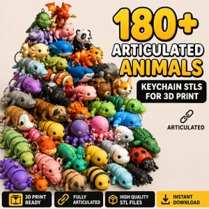 Pode incluir: Uma grande coleção de porta-chaves de animais articulados e coloridos em várias formas, incluindo dragões, pandas e insetos. A imagem apresenta o texto 180+ ARTICULATED ANIMALS, KEYCHAIN STLS FOR 3D PRINT, ARTICULATED, 3D PRINT READY, FULLY ARTICULATED, HIGH QUALITY STL FILES e INSTANT DOWNLOAD.