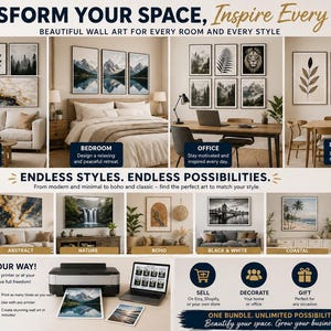 Peut inclure: Image promotionnelle pr&eacute;sentant diff&eacute;rents styles d'art mural, notamment minimaliste, abstrait, nature et boh&egrave;me. L'image met en &eacute;vidence diff&eacute;rents d&eacute;cors de pi&egrave;ces comme le salon, la chambre et le bureau, avec le texte "Transformez votre espace, inspirez chaque jour."