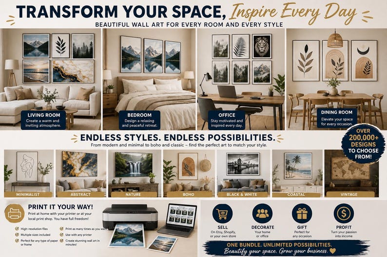 Peut inclure: Image promotionnelle pr&eacute;sentant diff&eacute;rents styles d'art mural, notamment minimaliste, abstrait, nature et boh&egrave;me. L'image met en &eacute;vidence diff&eacute;rents d&eacute;cors de pi&egrave;ces comme le salon, la chambre et le bureau, avec le texte "Transformez votre espace, inspirez chaque jour."