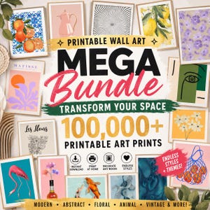 Peut inclure: Une collection numérique d'art mural imprimable présentant divers motifs graphiques dont des oranges, une carafe rose, une spirale, des citrons, des fleurs violettes, un flamant rose, un poisson koi et des formes abstraites avec le texte Mega Bundle.