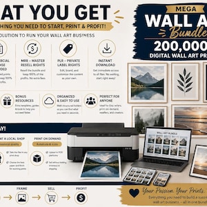 Peut inclure: Publicit&eacute; pour un pack d'art mural num&eacute;rique. L'image montre une imprimante, un ordinateur portable et diverses impressions d'art num&eacute;rique. Le texte comprend "What You Get" et "200,000+ Digital Wall Art Prints". Le pack comprend des licences commerciales et des t&eacute;l&eacute;chargements instantan&eacute;s.