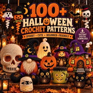 Può includere: Una collezione di schemi all'uncinetto per Halloween con un teschio, uno gnomo con cappello da strega, una zucca, un fantasma, il mostro di Frankenstein, un pipistrello e una casa a forma di zucca. Il testo recita 100+ HALLOWEEN CROCHET PATTERNS.