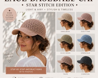 Crochet Lace Baseball Cap Pattern PDF | Star Stitch Hat Tutorial | Step-by-Step Crochet Cap Guide | Digital Download | Summer Hat