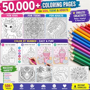 May include: A digital collection of 50,000+ coloring pages for kids, teens, and adults. The set includes various black and white line art designs such as a unicorn, mandala, dragon, tiger, beach scene, and flowers, alongside color-by-number guides.