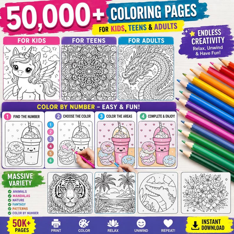 May include: A digital collection of 50,000+ coloring pages for kids, teens, and adults. The set includes various black and white line art designs such as a unicorn, mandala, dragon, tiger, beach scene, and flowers, alongside color-by-number guides.