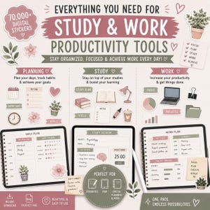 以下が含まれることがあります： 「Study & Work Productivity Tools」のテキストが入ったデジタルプランナーとステッカーのセット。計画、学習、仕事のセクションが含まれており、フォーカスタイマーとプロジェクトトラッカーが付いています。