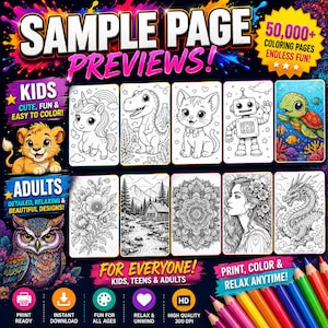 May include: A digital collection of 50,000 coloring pages featuring diverse illustrations for kids and adults. The display includes line art of a unicorn, dinosaur, cat, robot, turtle, flowers, landscape, mandala, woman, and dragon on a dark background.