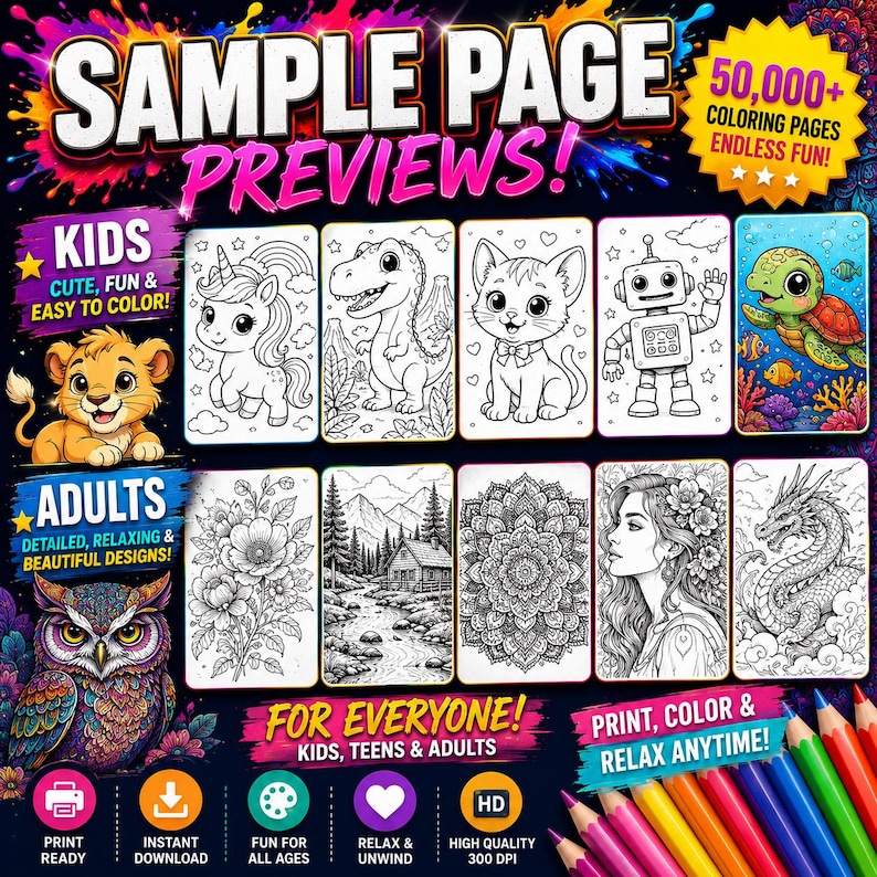 May include: A digital collection of 50,000 coloring pages featuring diverse illustrations for kids and adults. The display includes line art of a unicorn, dinosaur, cat, robot, turtle, flowers, landscape, mandala, woman, and dragon on a dark background.