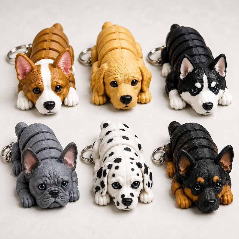 May include: Six dog-shaped keychains in various breeds, including a Corgi, Golden Retriever, and Dalmatian. Each keychain is lying down, with detailed features and a silver keyring attached. The dogs are in shades of brown, black, white, and gray.
