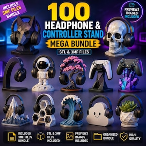Peut inclure: Une collection numérique de 100 supports pour casques et manettes, présentant divers modèles 3D comme un loup, un crâne, un astronaute, un cerisier, une montagne, une vague, un nuage et un pot de succulente, avec des casques noirs.