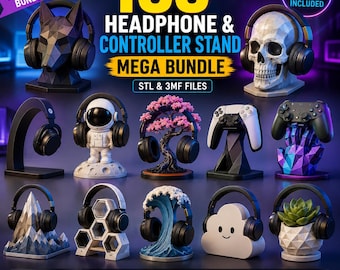 May include: A digital collection of 100 headphone and controller stand designs, featuring various 3D models like a wolf, skull, astronaut, cherry blossom tree, mountain, wave, cloud, and succulent planter, all displayed with black headphones.