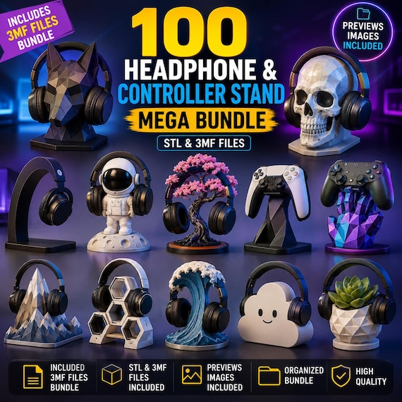 100 Headphone & Controller Stand STL Bundle, 3MF Files, 3D Print Headset Holder, Game Controller Stand, Mega STL Pack, Digital Download