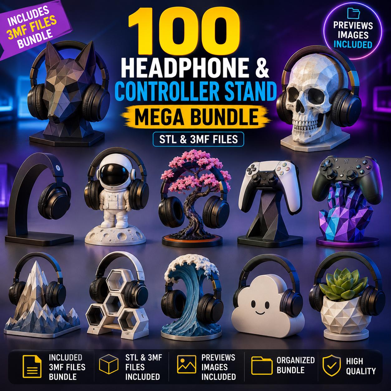 Listing photo: 100 Headphone & Controller Stand STL Bundle, 3MF Files, 3D Print Headset Holder, Game Controller Stand, Mega STL Pack, Digital Download