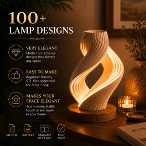 May include: A modern, elegant lamp with a unique, swirling design. The lamp is made of light-colored wood and sits on a round wooden base. The image includes the text "100+ LAMP DESIGNS" and other text describing the lamp's features.