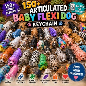 Può includere: Una collezione di portachiavi Baby Flexi Dog articolati e colorati. I portachiavi sono disponibili in vari colori e motivi, tra cui disegni neri, bianchi, marroni e multicolori. L'immagine include il testo "150+ Unique Designs!" e "Find Your Favorite!"