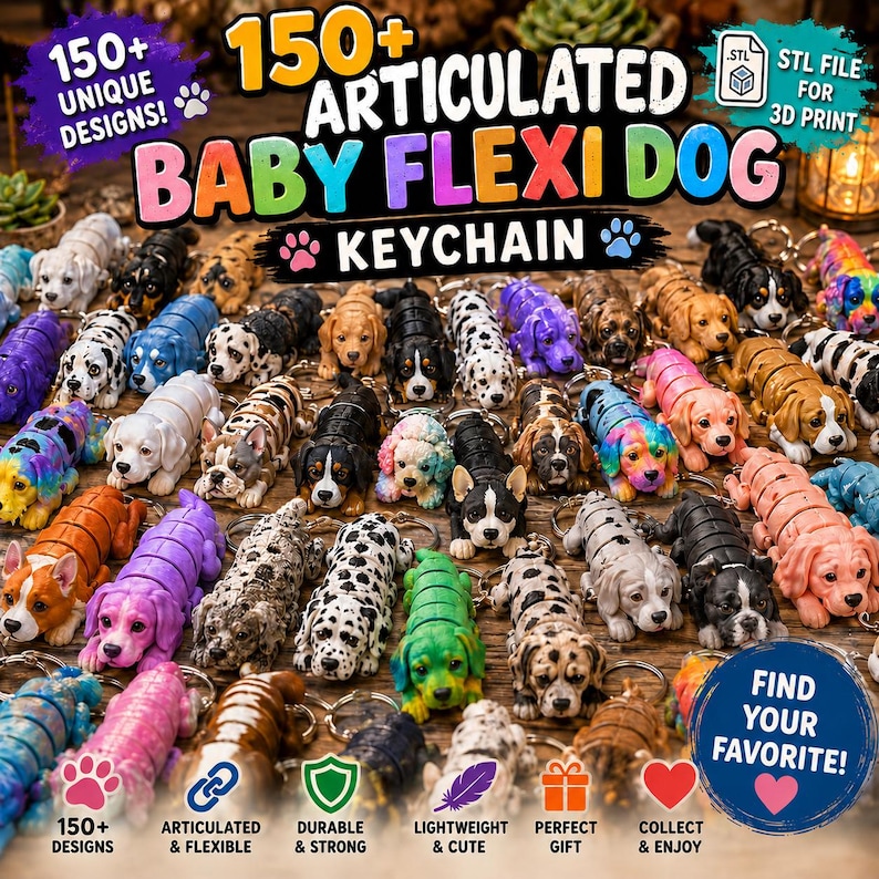 May include: A collection of colorful, articulated Baby Flexi Dog keychains. The keychains come in various colors and patterns, including black, white, brown, and multi-colored designs. The image includes text that says "150+ Unique Designs!" and "Find Your Favorite!"