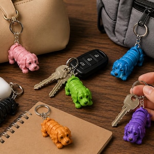May include: A collection of colorful dog-shaped keychains in pink, blue, green, orange, black, and purple. The keychains are attached to keys, a car key fob, and bags, resting on a wooden surface.