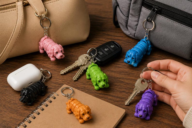 May include: A collection of colorful dog-shaped keychains in pink, blue, green, orange, black, and purple. The keychains are attached to keys, a car key fob, and bags, resting on a wooden surface.