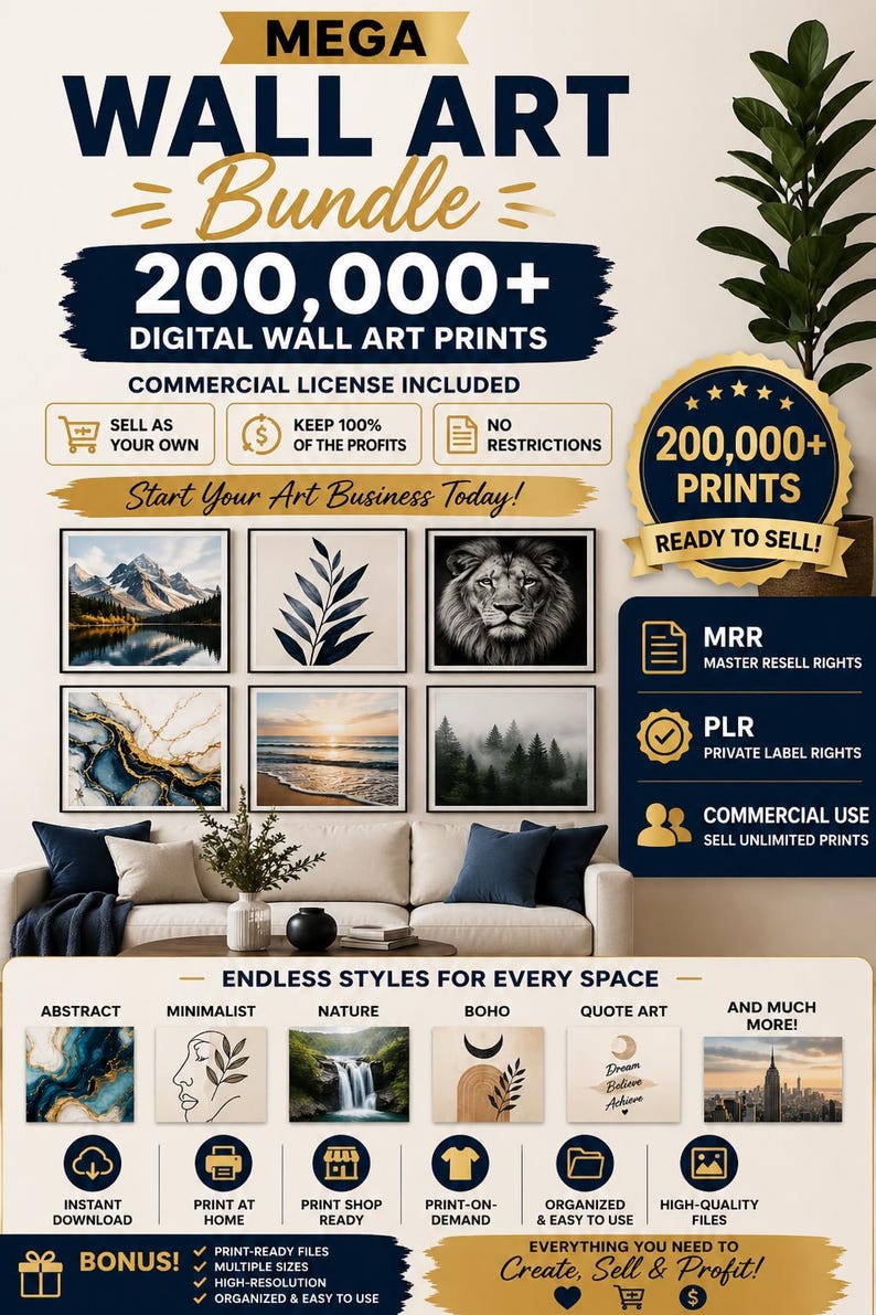 Peut inclure: Image promotionnelle pour un ensemble d'art mural num&eacute;rique. Le texte &laquo; MEGA WALL ART Bundle &raquo; et &laquo; 200 000+ DIGITAL WALL ART PRINTS &raquo; sont mis en avant. L'image pr&eacute;sente des exemples de styles artistiques et met en &eacute;vidence les avantages de la licence commerciale.