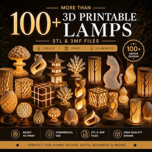 Mais de 100 designs elegantes de luminárias para impressão 3D | Pacote com arquivos STL e 3MF | Luminárias decorativas prontas para impressão | Download instantâneo