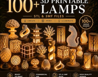 May include: A display of over 100 3D printable lamps, featuring diverse designs such as a pagoda and a cat. The lamps are lit, highlighting their detailed patterns. The image includes text that says "STL & 3MF FILES".