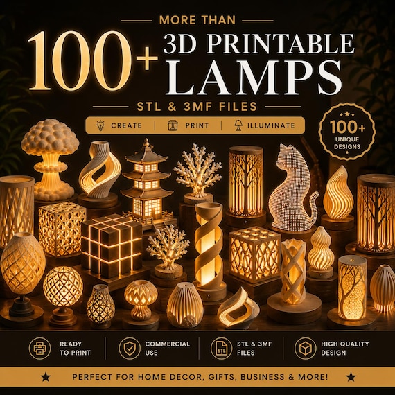 100+ Elegant 3D Printable Lamp Designs | STL & 3MF Files Bundle | Print Ready Decor Lamps | Instant Download