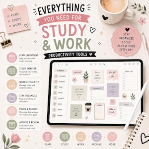 May include: A digital planner setup with the text "Everything You Need For Study & Work". Includes a tablet, notepad, pen, coffee, and sticky notes. The image promotes productivity tools for planning, studying, and achieving goals.