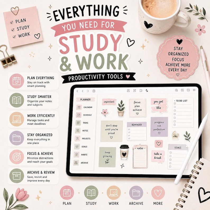 May include: A digital planner setup with the text "Everything You Need For Study & Work". Includes a tablet, notepad, pen, coffee, and sticky notes. The image promotes productivity tools for planning, studying, and achieving goals.
