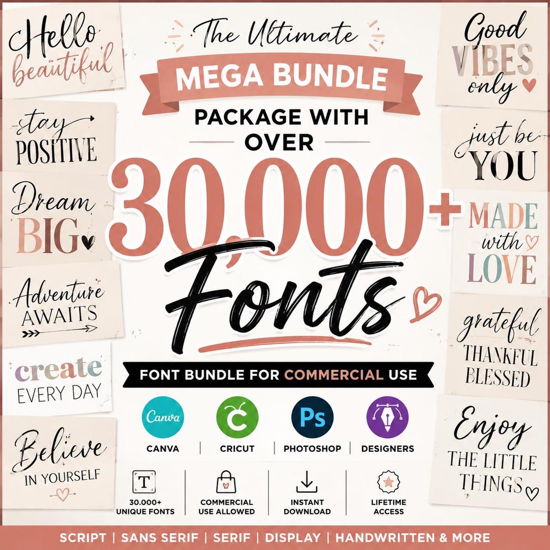 30000+ Font Bundle SVG OTF TTF Canva Cricut Fonts Commercial Use Script ...