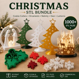 May include: A digital bundle of Christmas STL files featuring 3D printed decorations including a nativity scene, star-patterned trees in green, white, and gold, a cylindrical lantern with a deer and house scene, holly leaf cookie cutters, and snowflakes.