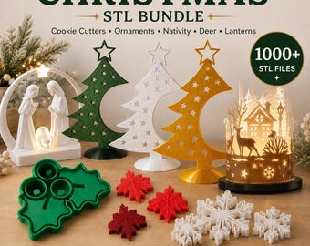 May include: A digital bundle of Christmas STL files featuring 3D printed decorations including a nativity scene, star-patterned trees in green, white, and gold, a cylindrical lantern with a deer and house scene, holly leaf cookie cutters, and snowflakes.