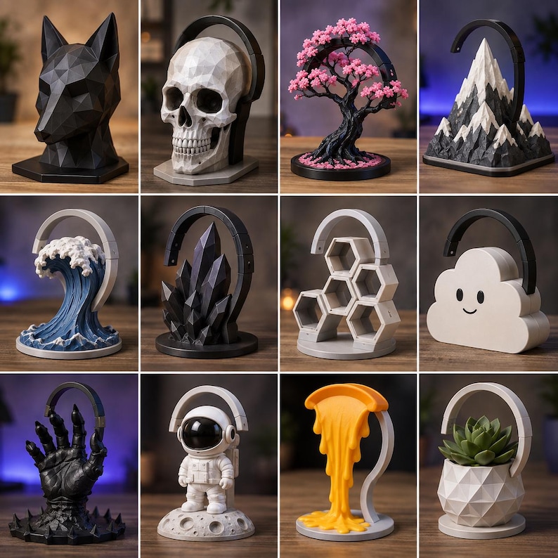 May include: A collection of twelve unique headphone stands featuring diverse designs including a geometric wolf head, a human skull, a cherry blossom tree, a mountain range, a crashing wave, black crystals, a honeycomb, a smiling cloud, a hand, an astronaut, melting cheese, and a succulent plant.