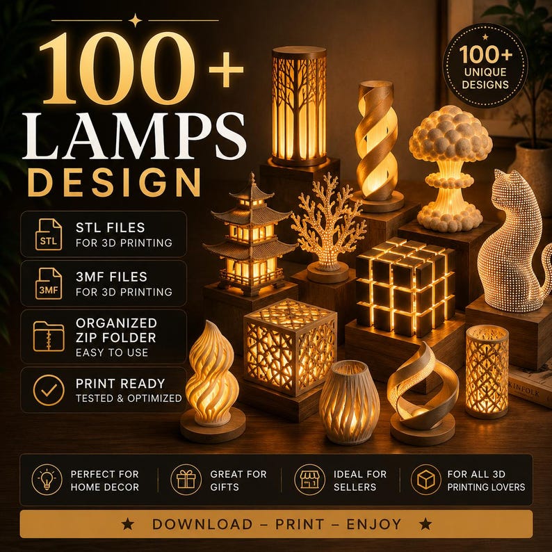 May include: A collection of 3D-printed lamps in various designs, including a tree, a pagoda, and a cat. The image features the text "100+ LAMPS DESIGN" and "100+ UNIQUE DESIGNS". The lamps are print-ready and optimized, perfect for home decor and gifts.