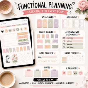 May include: Digital planner stickers with the text "Functional Planning" and "Essential for Every Plan." Includes data covers, checklists, flag banners, appointment reminders, goal trackers, habit trackers, and notes. The text "you got this" is also included.