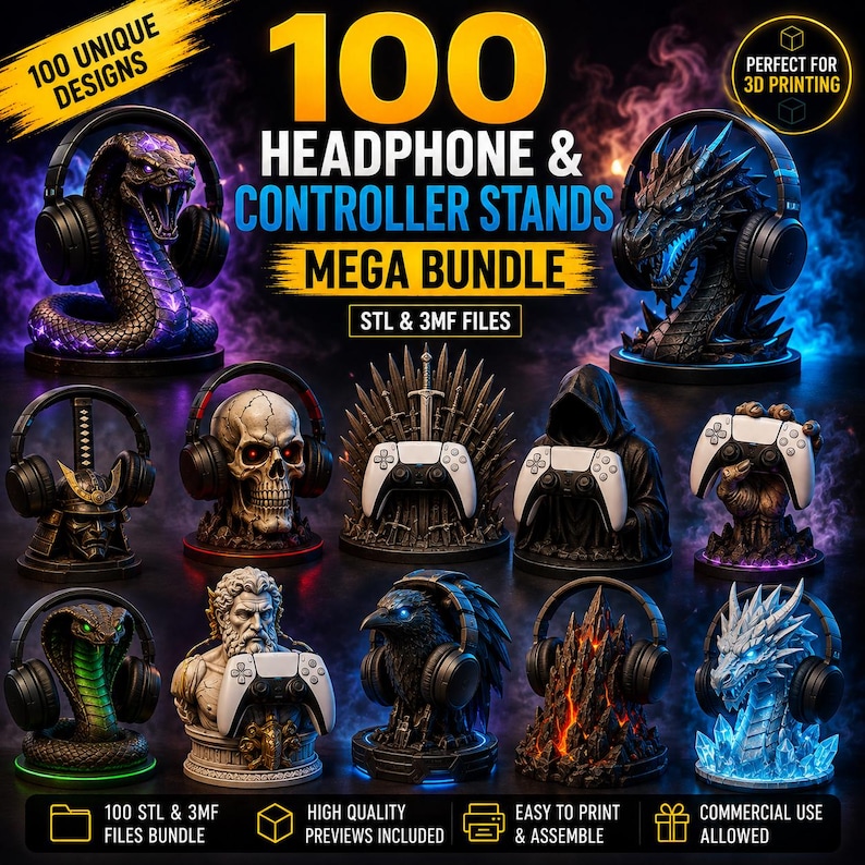 May include: A digital collection of 100 headphone and controller stands featuring various sculptural designs including a snake, dragon, skull, samurai helmet, and hooded figure. The text reads 100 HEADPHONE & CONTROLLER STANDS MEGA BUNDLE.