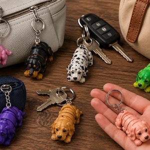 May include: A collection of dog-shaped keychains in various colors, including pink, black, white, green, purple, and tan. The keychains are attached to silver key rings and are displayed with keys, a wallet, and bags.