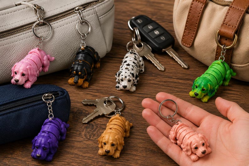 May include: A collection of dog-shaped keychains in various colors, including pink, black, white, green, purple, and tan. The keychains are attached to silver key rings and are displayed with keys, a wallet, and bags.