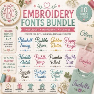 Può includere: Grafica di un pacchetto di caratteri per ricamo con la scritta "Embroidery Fonts Bundle". Include 10 caratteri, alfabeto completo e 11 dimensioni da 1,27 a 12,70 cm. Presenta esempi su un cuscino, una borsa e una maglietta.