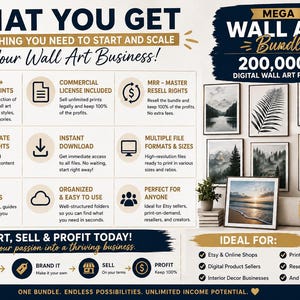 Peut inclure: Image promotionnelle pour un pack d'art mural num&eacute;rique. L'image pr&eacute;sente le texte "What You Get" et "Mega Wall Art Bundle" avec des impressions d'art encadr&eacute;es. Le pack comprend plus de 200 000 impressions num&eacute;riques, des licences commerciales et plus encore.
