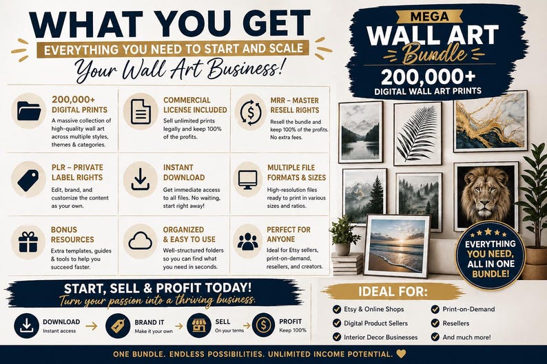 Peut inclure: Image promotionnelle pour un pack d'art mural num&eacute;rique. L'image pr&eacute;sente le texte "What You Get" et "Mega Wall Art Bundle" avec des impressions d'art encadr&eacute;es. Le pack comprend plus de 200 000 impressions num&eacute;riques, des licences commerciales et plus encore.