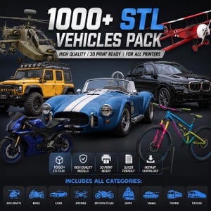 Op de afbeelding: Een digitale collectie getiteld 1000+ STL VEHICLES PACK met diverse 3D-modellen, waaronder een militaire helikopter, een rode dubbeldekker, een geel terreinvoertuig, een blauwe sportwagen, een zwarte SUV, een blauwe motorfiets en een mountainbike met roze voorvork.