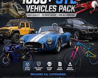 May include: A digital collection titled 1000+ STL VEHICLES PACK featuring various 3D models including a military helicopter, red biplane, yellow off-road vehicle, blue sports car, black SUV, blue motorcycle, and a mountain bike with pink forks.