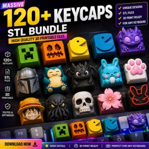 May include: A digital bundle of 120+ 3D printable STL files for keyboard keycaps. The image displays various colorful, sculpted keycaps including a green creeper, orange jack-o'-lantern, blue pac-man, purple dragon, helmet, rabbit, and skull.