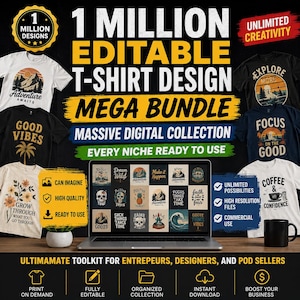 Può includere: Immagine promozionale che mostra un mega pacchetto di design di magliette digitali. L'immagine presenta vari design di magliette con testi come "Adventure Awaits" e "Good Vibes". Un laptop mostra esempi di design. Il testo evidenzia "1 Million Designs".