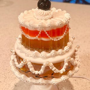 Two Tier Candy Corn Halloween Jell-O Lamp | Retro Halloween Cake Light | Vintage Kitsch Decor | Glowing Resin Dessert Lamp
