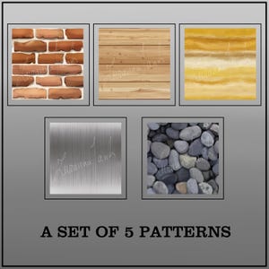 Może przedstawiać: Zestaw pięciu wzorów bez szwów z różnymi teksturami. Wzory obejmują cegłę, drewno, kamień, metal i pasiasty wzór w kolorze żółtym i białym.