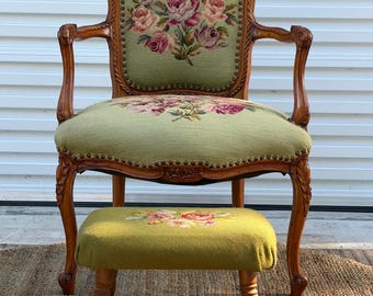 VIntage French Provincial Needlepoint ArmChair/ Floral Needle Point Louis XV Style Accent Chair/ Cottagecore French Country/ Footstool