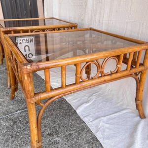 Pair Of Vintage Rattan/ Bamboo/ Glass Top end tables/ side tables/ Porch tables/ Beach house end table