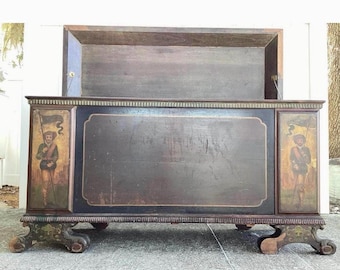 Cedar Chest Antique Renaissance Folk Art / Carved Trim/ Scroll Feet/ Cedar Wood